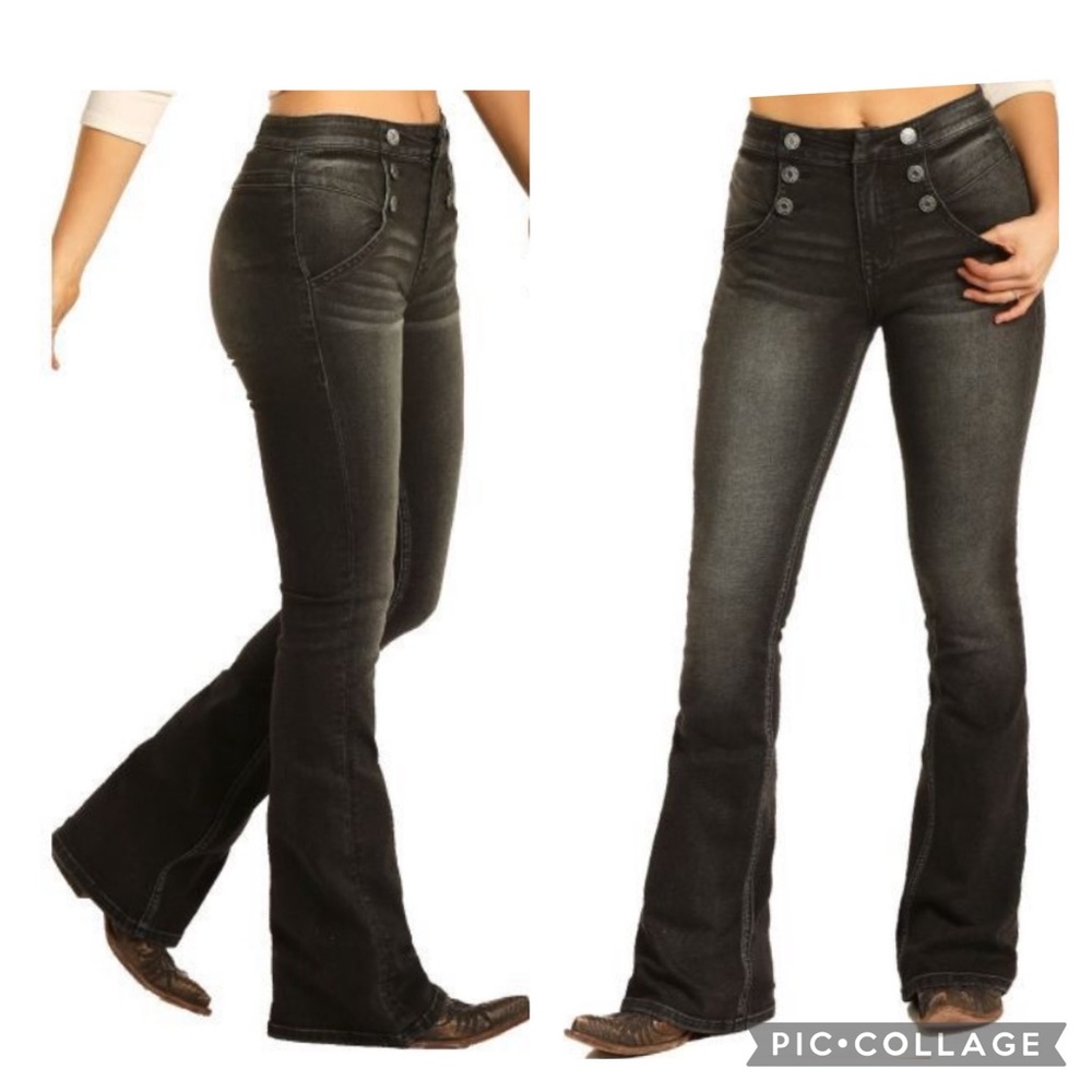 Rock&Roll Cowgirl High Rise Flare button detail denim in charcoal color 36x36